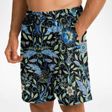 Black and Blue Exotic Floral Pattern Design on Men's Luxury Long Shorts