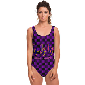 Black and Deep Violet Checker Printed Pattern Design with "444" Angel Number Luxury Swimsuit