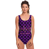 Black and Deep Violet Checker Printed Pattern Design with "444" Angel Number Luxury Swimsuit