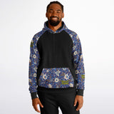 Raglan Unisex Black Hoodie with Exclusive Blue Flowers Pattern