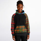 Raglan Unisex Black Hoodie with Mix of Tartan Colors and Perfect "Get a Life" on Left Hand