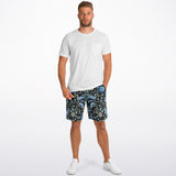 Black and Blue Exotic Floral Pattern Design on Men's Luxury Long Shorts