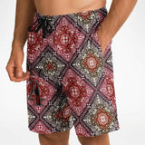 Black and Dark Red Paisley Pattern Design on Men's Luxury Long Shorts