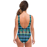 Black and Blue Tartan Perfect Pattern Design with "444" Angel Number Luxury Swimsuit