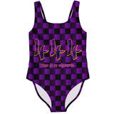 Black and Deep Violet Checker Printed Pattern Design with "444" Angel Number Luxury Swimsuit