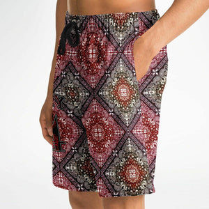 Black and Dark Red Paisley Pattern Design on Men's Luxury Long Shorts