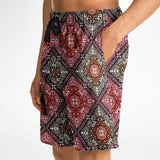 Black and Dark Red Paisley Pattern Design on Men's Luxury Long Shorts