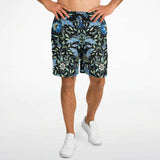 Black and Blue Exotic Floral Pattern Design on Men's Luxury Long Shorts