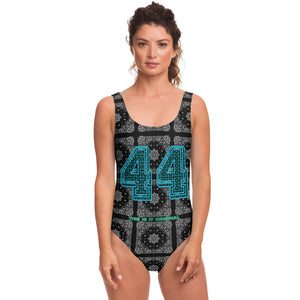 Black Paisley Pattern Design with Blue Sports 44 Lucky Number on Luxury Swimsuit