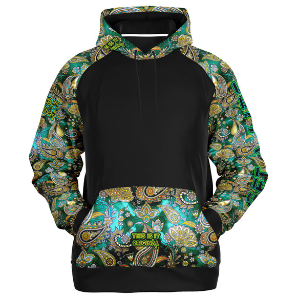 Raglan Unisex Black Hoodie with Emerald Luxury Golden Paisley Design with 