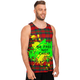 Neon Yellow - Green Splash with Be Free not Cheap on Classic Red Tartan Design Unisex Tank Top