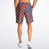 Black and Dark Red Paisley Pattern Design on Men's Luxury Long Shorts