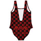 Black and Red Checker Printed Pattern Design with "444" Angel Number Luxury Swimsuit