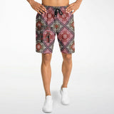 Black and Dark Red Paisley Pattern Design on Men's Luxury Long Shorts