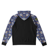 Raglan Unisex Black Hoodie with Exclusive Blue Flowers Pattern