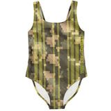 Real Army Green Pixels Pattern Design with Retro Yellow Stylish Stripes Luxury Swimsuit