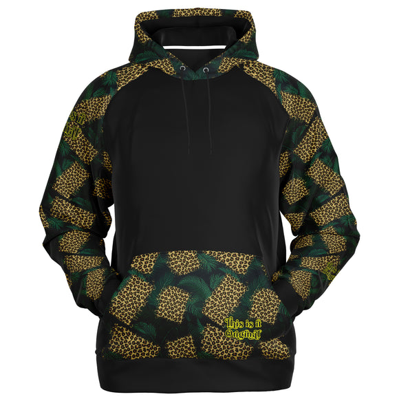 Raglan Unisex Black Hoodie with Exclusive Emerald Geometric Pattern with Leopard Skin