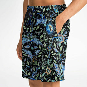 Black and Blue Exotic Floral Pattern Design on Men's Luxury Long Shorts