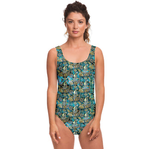 Deep Ocean Blue Color with Minimalist Paisley Design on Luxury Swimsuit