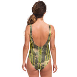 Real Army Green Pixels Pattern Design with Retro Yellow Stylish Stripes Luxury Swimsuit