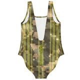 Real Army Green Pixels Pattern Design with Retro Yellow Stylish Stripes Luxury Swimsuit