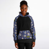 Raglan Unisex Black Hoodie with Exclusive Blue Flowers Pattern