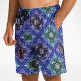 Black and Perfect Blue Paisley Pattern Design on Men's Luxury Long Shorts