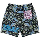 Black and Blue Exotic Floral Pattern Design on Men's Luxury Long Shorts