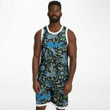 Black and Blue Exotic Floral Pattern Design on Basketball Unisex Jersey & Shorts Set