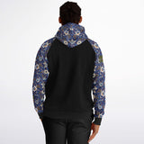 Raglan Unisex Black Hoodie with Exclusive Blue Flowers Pattern