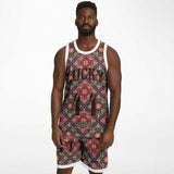 Black and Dark Red Paisley Pattern Design on Basketball Unisex Jersey & Shorts Set