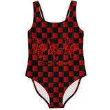 Black and Red Checker Printed Pattern Design with "444" Angel Number Luxury Swimsuit