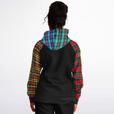 Raglan Unisex Black Hoodie with Mix of Tartan Colors and Perfect "Get a Life" on Left Hand