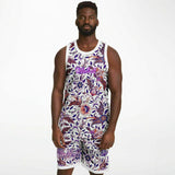 White and Pink with Violet Exotic Floral Pattern Design on Basketball Unisex Jersey & Shorts Set