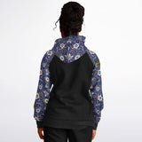 Raglan Unisex Black Hoodie with Exclusive Blue Flowers Pattern