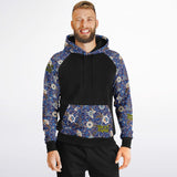 Raglan Unisex Black Hoodie with Exclusive Blue Flowers Pattern