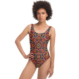 Brown Psychedelic Retro Mandala Design Luxury Swimsuit