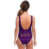 Black and Deep Violet Checker Printed Pattern Design with "444" Angel Number Luxury Swimsuit