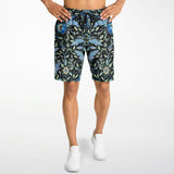 Black and Blue Exotic Floral Pattern Design on Men's Luxury Long Shorts