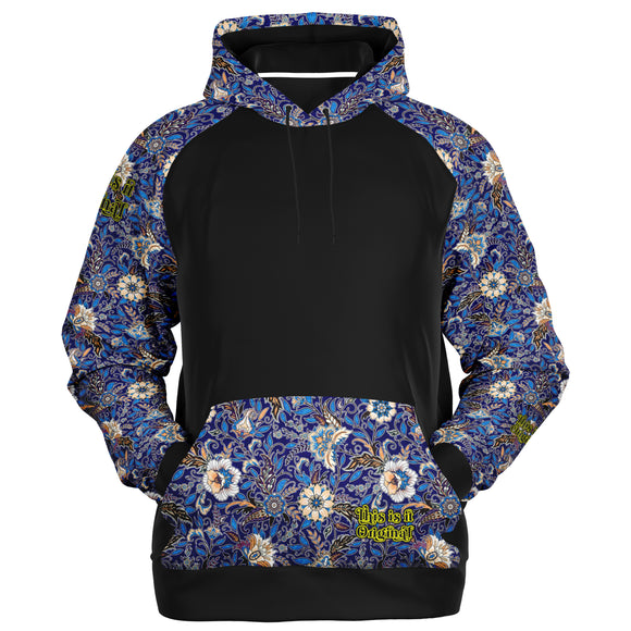 Raglan Unisex Black Hoodie with Exclusive Blue Flowers Pattern