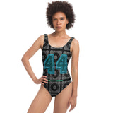 Black Paisley Pattern Design with Blue Sports 44 Lucky Number on Luxury Swimsuit