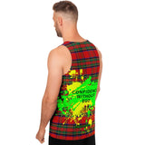 Neon Yellow - Green Splash with Confidence Without Ego on Classic Red Tartan Design Unisex Tank Top