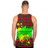 Neon Yellow - Green Splash with Confidence Without Ego on Classic Red Tartan Design Unisex Tank Top