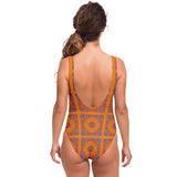 Neon Vibe Orange Paisley Pattern Design with Orange Sports 44 Lucky Number on Luxury Swimsuit