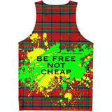 Neon Yellow - Green Splash with Be Free not Cheap on Classic Red Tartan Design Unisex Tank Top