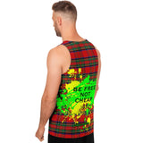 Neon Yellow - Green Splash with Be Free not Cheap on Classic Red Tartan Design Unisex Tank Top