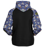 Raglan Unisex Black Hoodie with Exclusive Blue Flowers Pattern