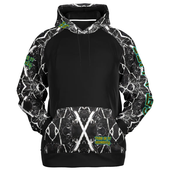 Raglan Unisex Black Hoodie with Black and White Luxury Marble Design with 