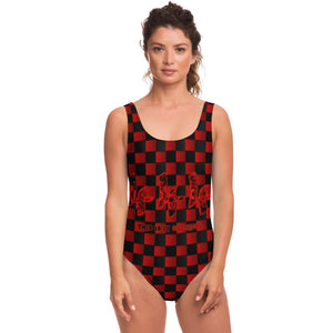 Black and Red Checker Printed Pattern Design with "444" Angel Number Luxury Swimsuit