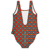 Retro Ultimate Neon Orange, Red, Light Blue Pattern Design on Luxury Swimsuit